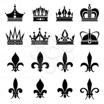 Crown and fleur de lis, lily flowers icons. Design crown royal, lily flower and medieval crown set