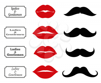 Ladies and gentlemen bathroom symbols. Vector lips and moustache icons. Lip and moustache fashion, vintage silhouette lip and moustach, hipster lip and moustach illustration