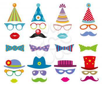 Birthday party photo booth props vector set. Party decoration for photo booth, birthday mask photo booth, costume for masquerade photo booth illustration