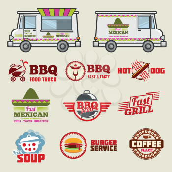 Food truck vector emblems and vehicle template. Emblem food truck, label food truck, bbq label and food truck illustration