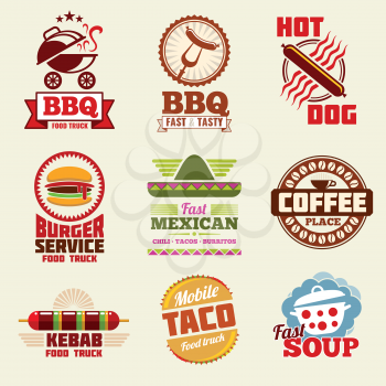 Fast food vector logo, emblems, labels and badges set. Restaurant fast food emblem and badge, logo fast food vintage illustration