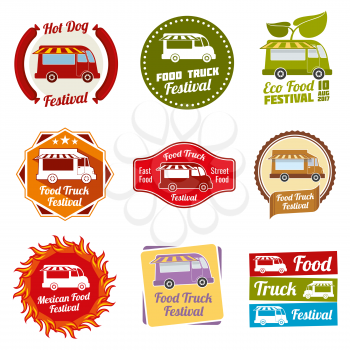 Car street food festival color labels set. Car food service labels. Van restaurant and mexican snack badges. Vector illustration