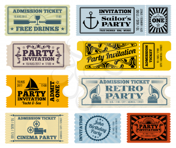 Retro party, cinema, invitation vector tickets set. Invitation ticket, retro ticket cinema, event ticket paper template illustration