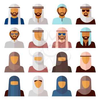 Muslim people icons. Middle eastern people avatar set in flat style vector 