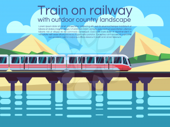Train on railway with outdoor country landscape. Vector travel concept background. Train outdoor, transportation train, travel train illustration