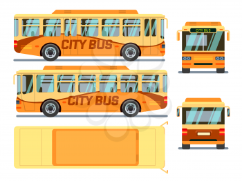 Urban, city bus in different view positions. City urban bus, transport bus, public bus. Vector illustration