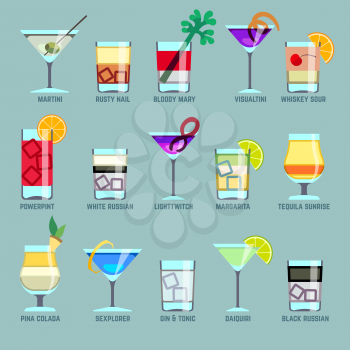 Alcohol drinks and cocktails flat vector icons. Drink cocktail, icon cocktail alcohol, glass cocktail illustration