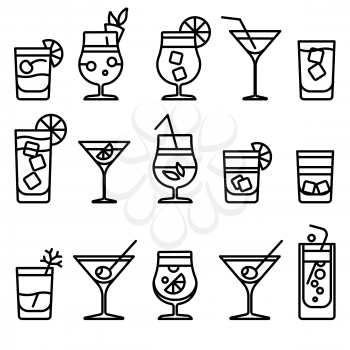 Cocktail thin line icons. Alcohol cocktails drinks vector outline symbol or party cocktail signs