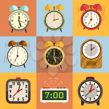 Alarm clock flat vector icons. Time clock, icon set clock, face clock illustration