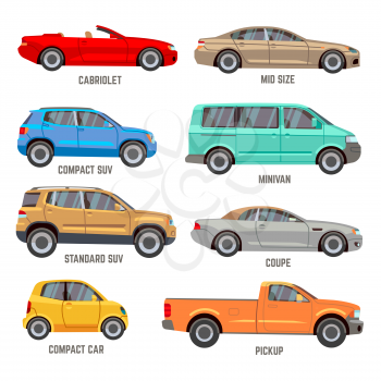 Car types vector flat icons. Automobile models icons set