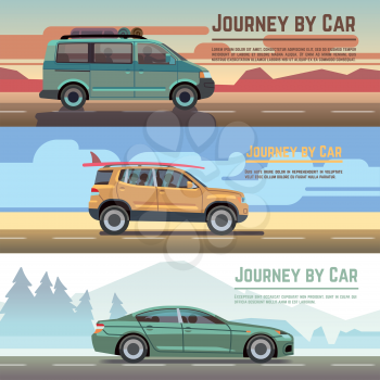 Trailering by car vector banners set. Car on road, auto holiday travel and car journey poster