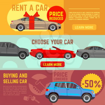 Buying and selling car vector banners set. Car sale, auto sale, automobile sale business illustration