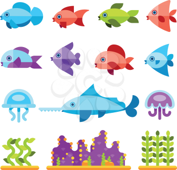 Flat marine animals vector icons. Fish sea, icon fish animal, marine fish illustration