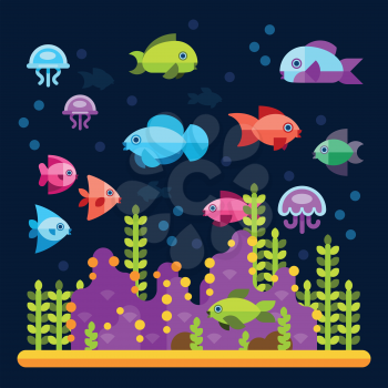 Underwater life with sea animals in flat style. Water ocean animal fish and underwater illustration vector fish