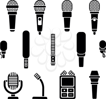Microphone types black icons vector set. Microphone media sound and audio device microphone illustration