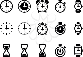 Clock, time vector icons. Hour and time clock symbol and timer with arrow, round clock illustration