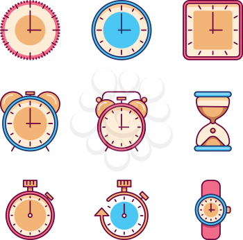 Alarm clock, timer, watch flat vector icons. Tine clock object set and watch chronometer and clock for time illustration