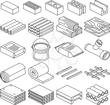 Building and construction materials vector linear icons. Construction building material, cement material and brick material illustration