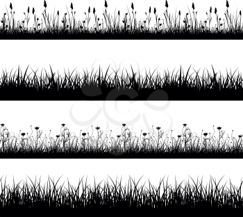 Seamless wild herbs, flowers and grass silhouettes vector set. Grass plant pattern, meadow grass and flower field, seamless flower and grass lawn, decoration line grass and flower illustration