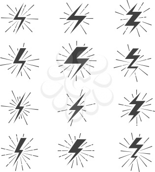 Retro lightning bolt signs with sunburst effect. Lightning sign set and electric lightning thunder. Vector illustration