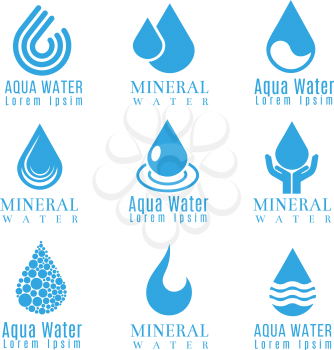 Blue water drop logos, icons vector set. Drop liquid logo and mineral water aqua drop illustration