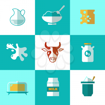 Flat milk and dairy products vector icons. Product made from milk, package container healthy milk for breakfast illustration