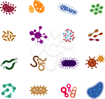 Virus, bacteria and biology microorganisms flat icons. Infectious bacteria and virus vector signs