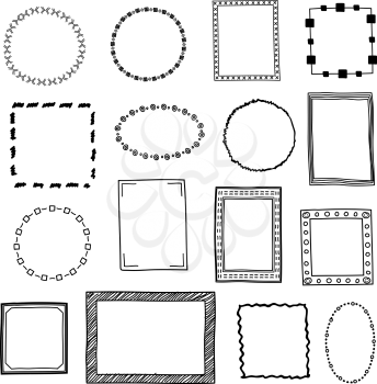 Hand drawn doodle frames, borders vector set. Frame sketch for decoration, drawing frames in form square and circle illustration