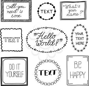 Hand drawn quote vintage vector frames. Doodle frame boxes, speech bubbles with text messages and commas. Frame vintage for text and doodle frame for message speech illustration