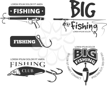 Retro fishing club vector badges, labels, logos, emblems. Label and icon for fishing club, catch fish and outfit for fishing illustration