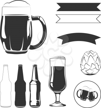 Elements for vintage vector beer labels. Beer glass and  bottles, alcohol beverage elements for logos
