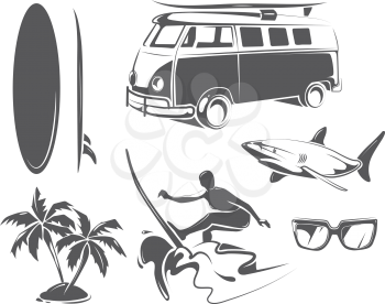Vector elements for summer surfing. Summer beach surfing and tropical surfing black elements