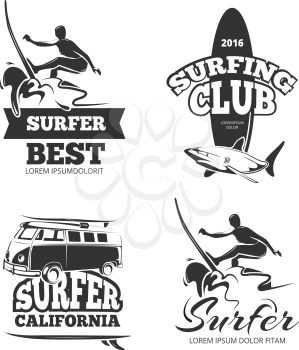 Vintage black surf graphics, emblems and labels. Logo surfing summer and surfboard and surfer badge, california surfing vacation. Vector illustration set
