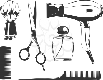 Vector black elements for barber shop labels. Comb and scissors, hair dryer and shaving brush vector silhouettes