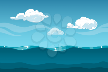 Sea or ocean cartoon landscape with sky and clouds. Seamless water waves background for computer game design. Landscape with water waves and cloud vector illustration
