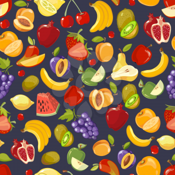 Vector seamless pattern with cute bright summer fruits. Grape and strawberry fruit. Blackberry and apple pattern from fruit illustration