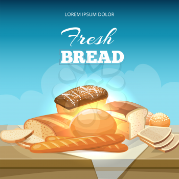 Bread concept vector background. Bakery poster template. Baguette and bakery bread illustration snack