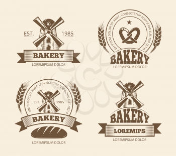Vintage bakery and bread shop logos labels badges emblems. Bakery logo for shop, emblem with windmill for bakery. Vector illustration