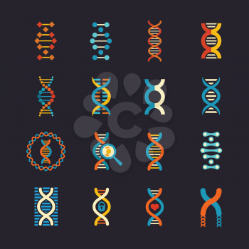 DNA genetic vector flat icons set. Dna biotechnology sign, structure dna molecule illustration
