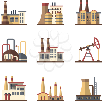 Factory industrial building and manufacturing plants vector flat icons. Factory building and plant industry construction, industrial and manufacturing factory illustration