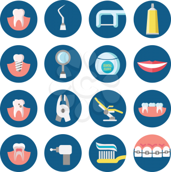 Dental clinic services flat vector icons. Health care dental and medicine tools for medical dental service illustration