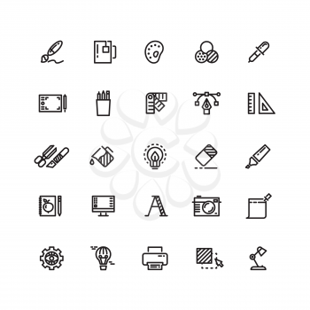 Graphic design tools, creative, office stationery line thin icons set. Tool stationery for office or art. Pencil and marker, instrument and highlighter graphic tools. Vector illustration