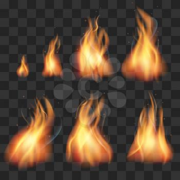 Realistic fire animation sprites flames vector set. Realistic creative hot fire and inferno explosion fire illustration