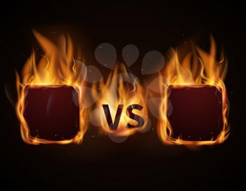 Versus screen with fire frames and vs letters. Flaming VS screen for duel and confrontation. Vector illustration