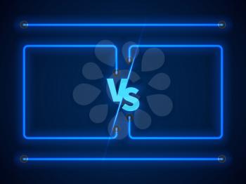 Versus screen with blue neon frames and vs letters. Competition vs match game, martial battle vs sport. Stock vector illustration