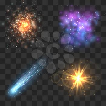 Space cosmos objects, comet, meteor, stars explosion on transparence checkered background. Universe explosion or fly star, meteor light and asteroid in universe. Vector illustration