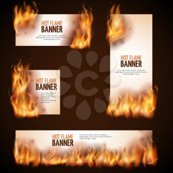 Burning campfire with hot flame vector banners. Paper advertising burn, fire hot advertising illustration