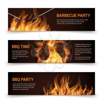 Bbq grill party horizontal vector banners set with realistic hot fire. Bbq party banner and bbq picnic illustration
