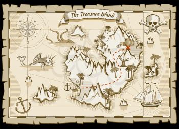 Treasure pirate hand drawn vector map. Pirate map with ship and navigation to treasure. Island way treasure map illustration
