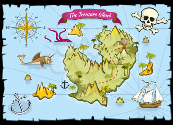 Vector pirate treasure color map. Pirate map and adventure sea, explore map with treasure illustration